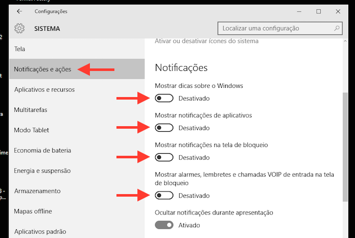 Desativando as notificações do Windows 10 (Foto: Reprodução/Marvin Costa)