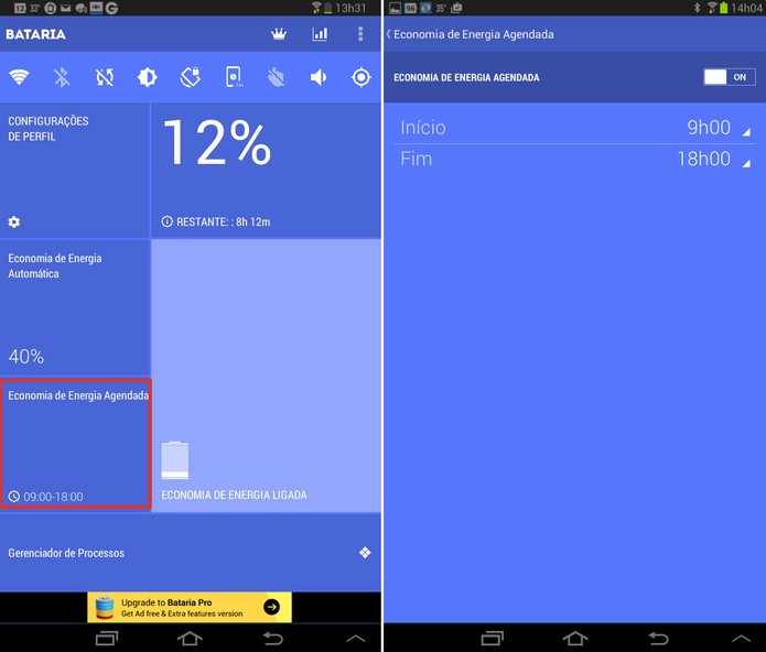 Com app Bataria, usuário pode economizar a bateria do dispositivo por um tempo determinado, usando o agendamento de energia. Foto: Reprodução/Luciana Vieira