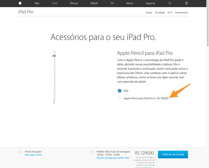 Apple Pencil é vendida separadamente do tablet com preço de R$ 749 (Foto: Reprodução/Thássius Veloso)