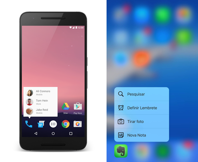 Atalhos rápidos na tela inicial do Android N e do iOS em um iPhone 6S Plus, com tela 3D Touch (Foto: Arte sobre Divulgação/Google e Reprodução/TechTudo)