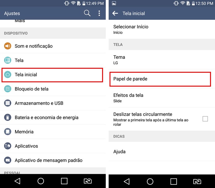 Em configurações, vá em "Papel de parede" (Foto: Reprodução/Aline Batista)