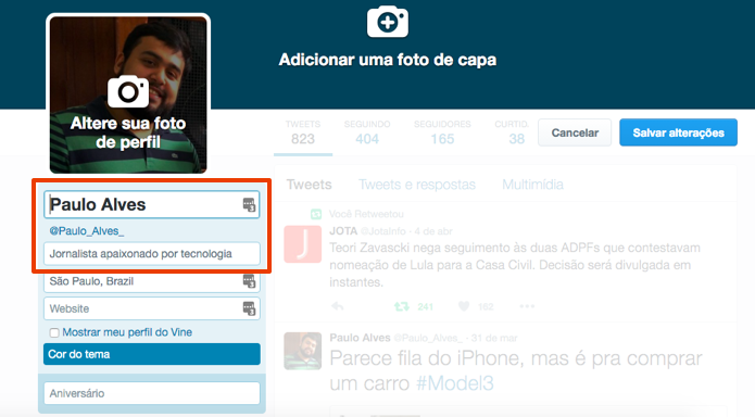 Preencha nome e Bio para aparecer nas buscas (Foto: Reprodução/Paulo Alves)