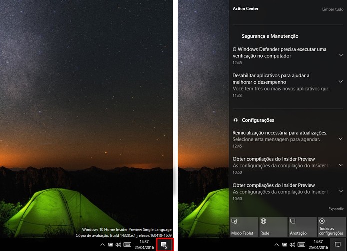 Windows 10 ganhou reformulação na Central de Notificações na Build 14328 (Foto: Reprodução/Elson de Souza)