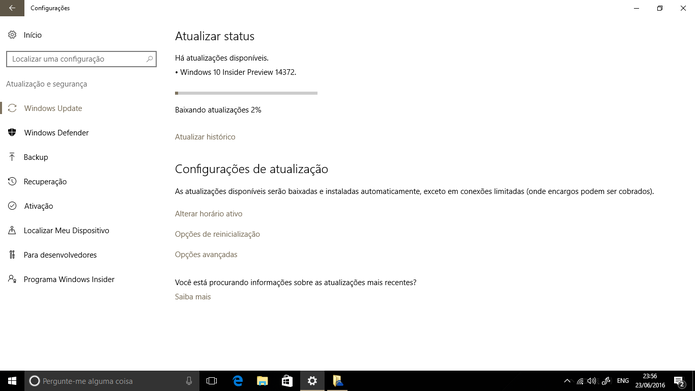 Build 14372 pode ser baixada via Windows Update por participantes do Insider (Foto: Reprodução/Elson de Souza)