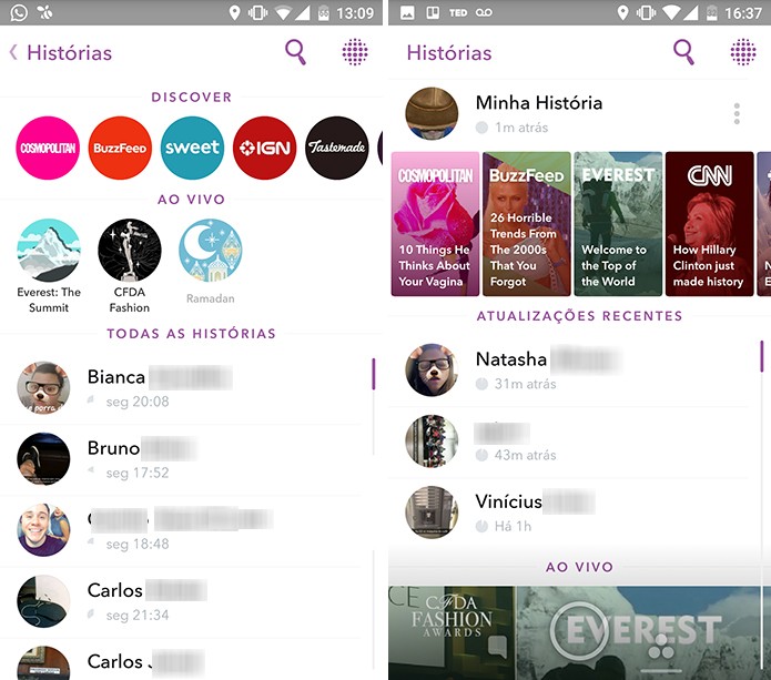 Snapchat substitui círculos de histórias da versão antiga (à esquerda) por novos cards (à direita) (Foto: Reprodução/Elson de Souza)