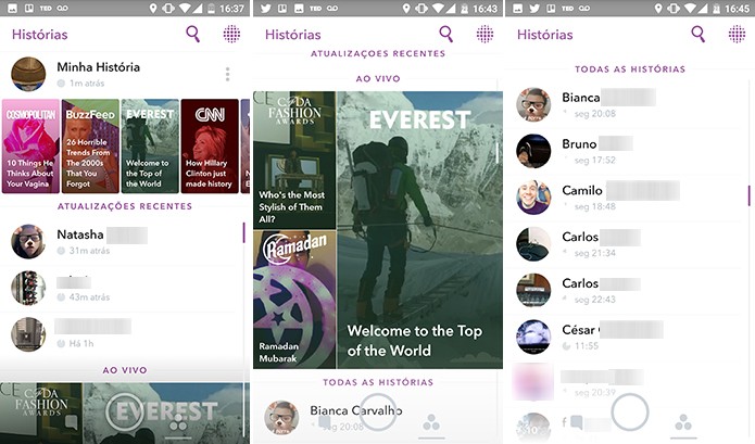 Nova versão do Snapchat para Android e iPhone destaca Ao Vivo e Discover com cards (Foto: Reprodução/Elson de Souza)