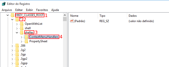 Acessando HKEY_CLASSES_ROOT*shellexContextMenuHandlers no Regedit (Foto: Reprodução/Edivaldo Brito)