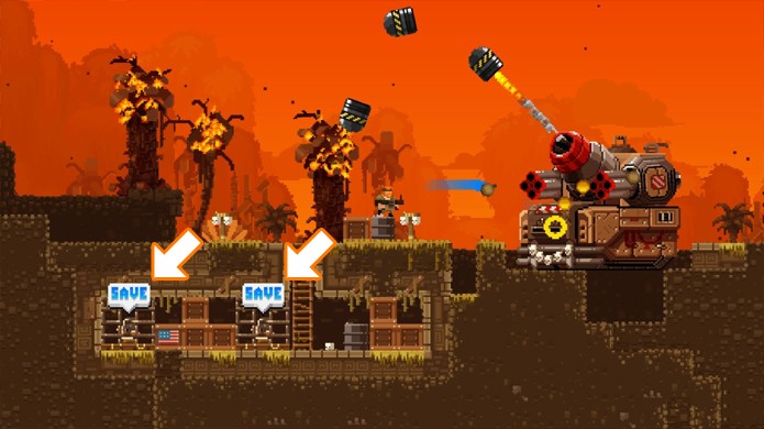 Procure pelas jaulas de prisioneiros em Broforce para resgatar os Bros (Foto: Reprodução/Rafael Monteiro)