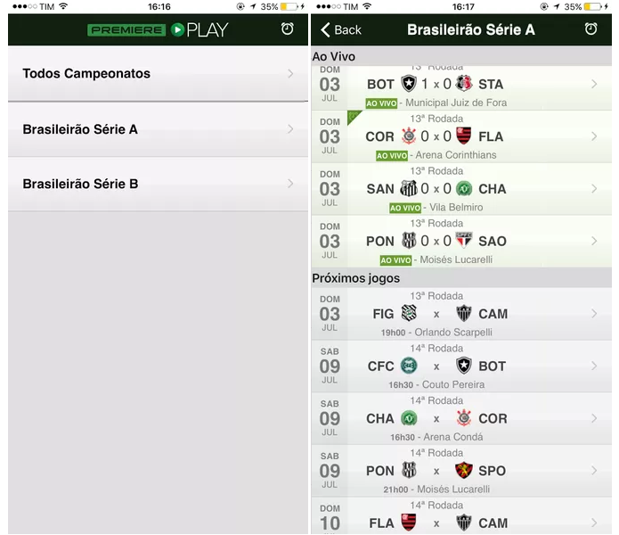 App do Premiere mostra lista de jogos das Séries A e B (Foto: Reprodução/Aline Jesus)