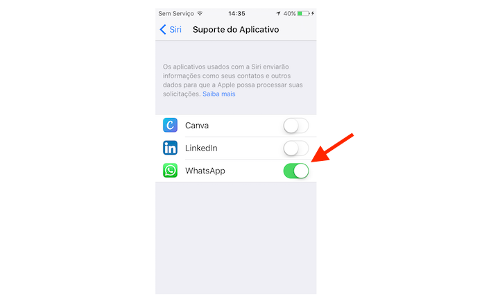 Tela de ativação de suporte do WhatsApp nas configurações da Siri do iOS 10 (Foto: Reprodução/Marvin Costa)