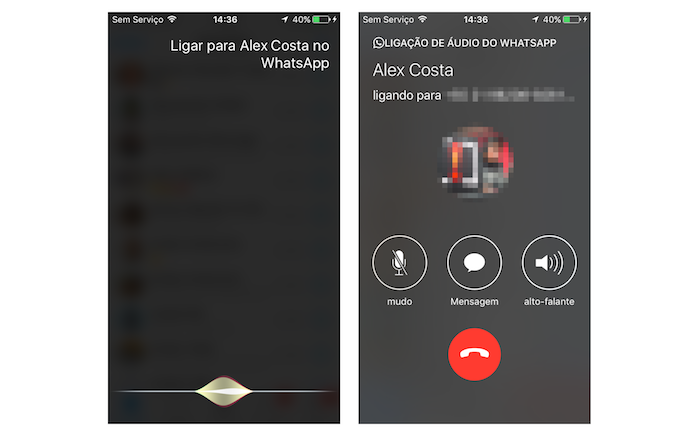 Ligação iniciada no WhatsApp com auxílio da Siri do iOS 10 (Foto: Reprodução/Marvin Costa)