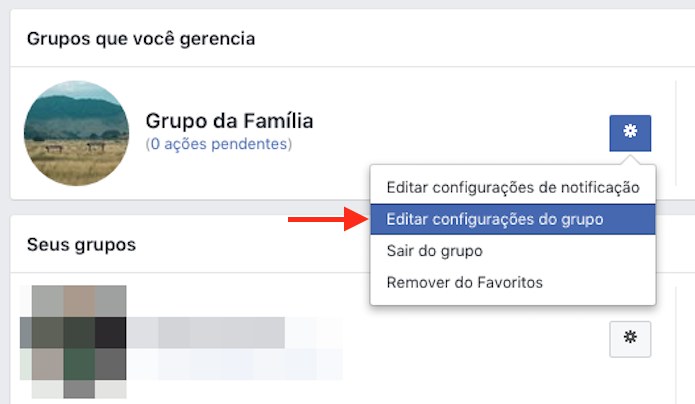 Acesso para as configurações de um grupo do Facebook (Foto: Reprodução/Marvin Costa)