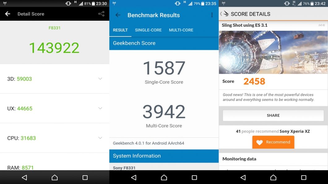 Pontuação no AnTuTu 6.2.1, Geekbench 4 e 3DMark