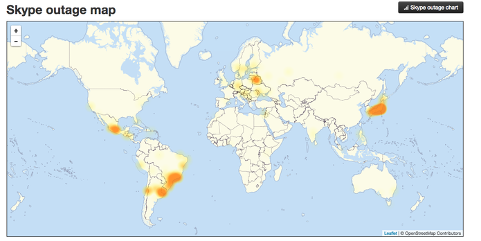 Mapa do site Down Detector com os países mais afetados pela queda do Skype (Foto: Reprodução/DownDetector)