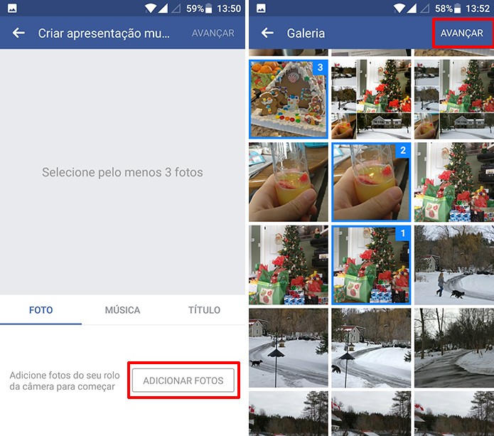 Usuário deve selecionar fotos da galeria para apresentação multimídia do Facebook (Foto: Reprodução/Elson de Souza)