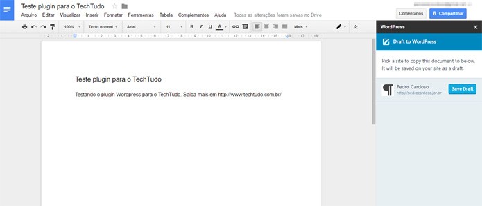 Plugin WordPress funcionando integrado ao Google Docs (Foto: Reprodução)