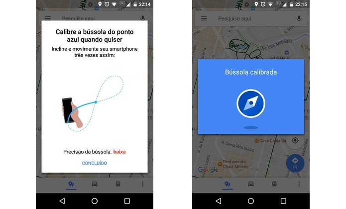 Bússola do Google Maps para Android calibrada (Foto: Reprodução/Raquel Freire)