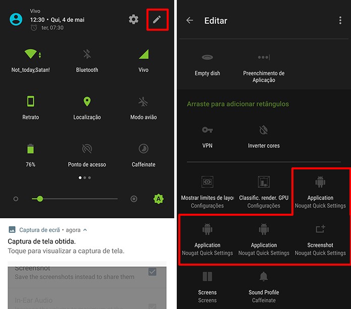 Procure pelos atalhos criados pelo Nougat Quick Settings na central de notificações (Foto: Reprodução/Elson de Souza)