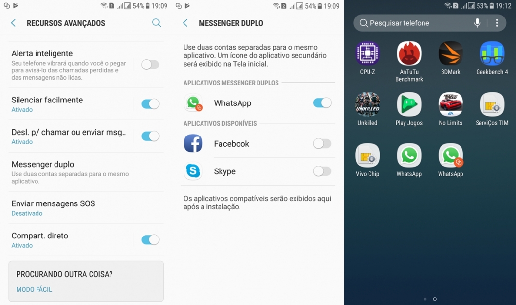 Para acessar o Dual Messenger, basta ir em Configurações / Recursos Avançados / Messenger Duplo