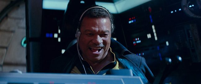 Lando de volta ao cockpit da Millennium Falcon