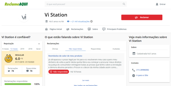 Vi Station acumula queixas (Imagem: Reprodução/Reclame Aqui)