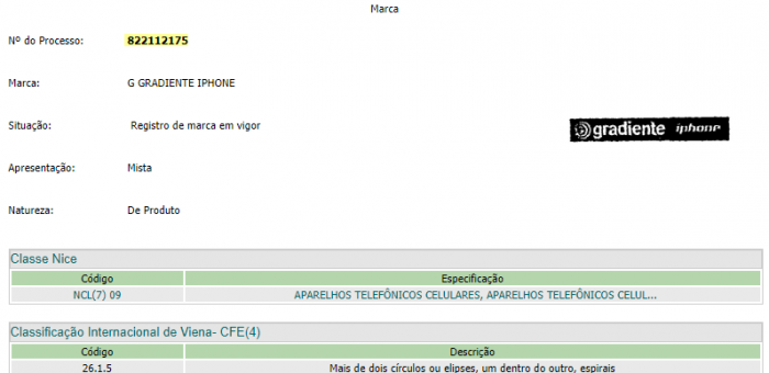 Registro da marca G Gradiente iphone (Imagem: Reprodução/INPI)