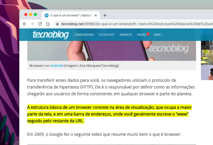 Texto destacado pelo novo recurso do Google Chrome (Imagem: Reprodução/Tecnoblog)