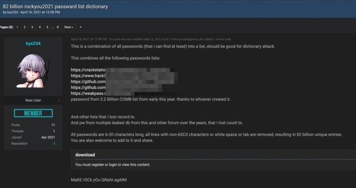 Divulgação do arquivo rockyou2021.txt em fórum (captura de tela: Numerama)