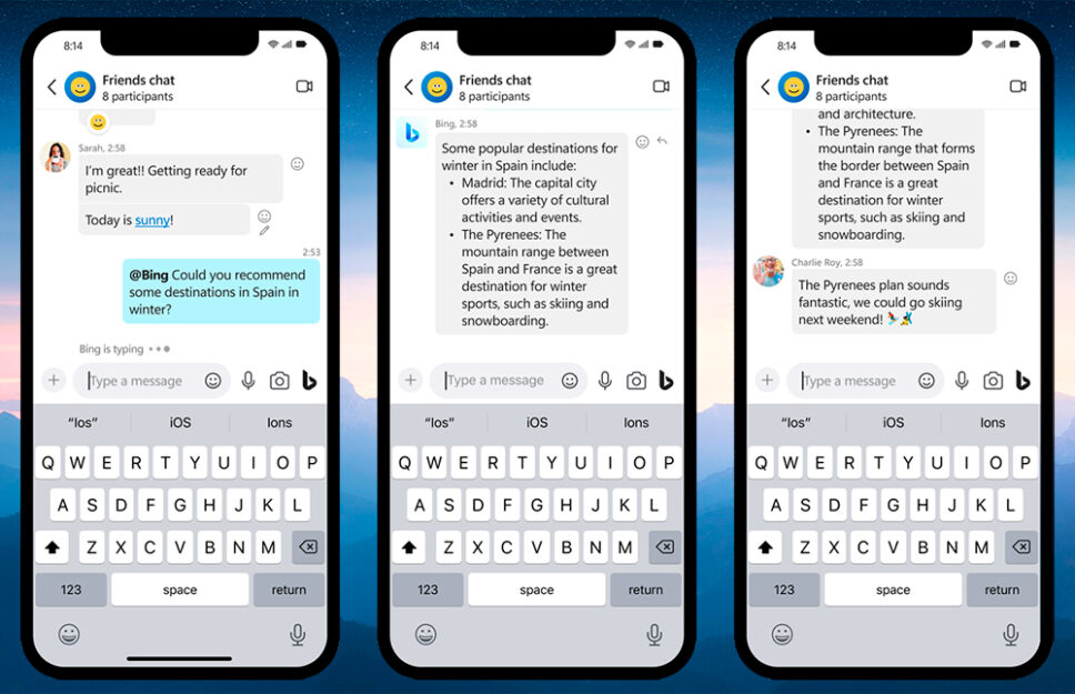 Por exemplo, Bing com IA no Skype pode ajudar a planejar uma viagem, gerando listas de pontos turísticos a serem visitados