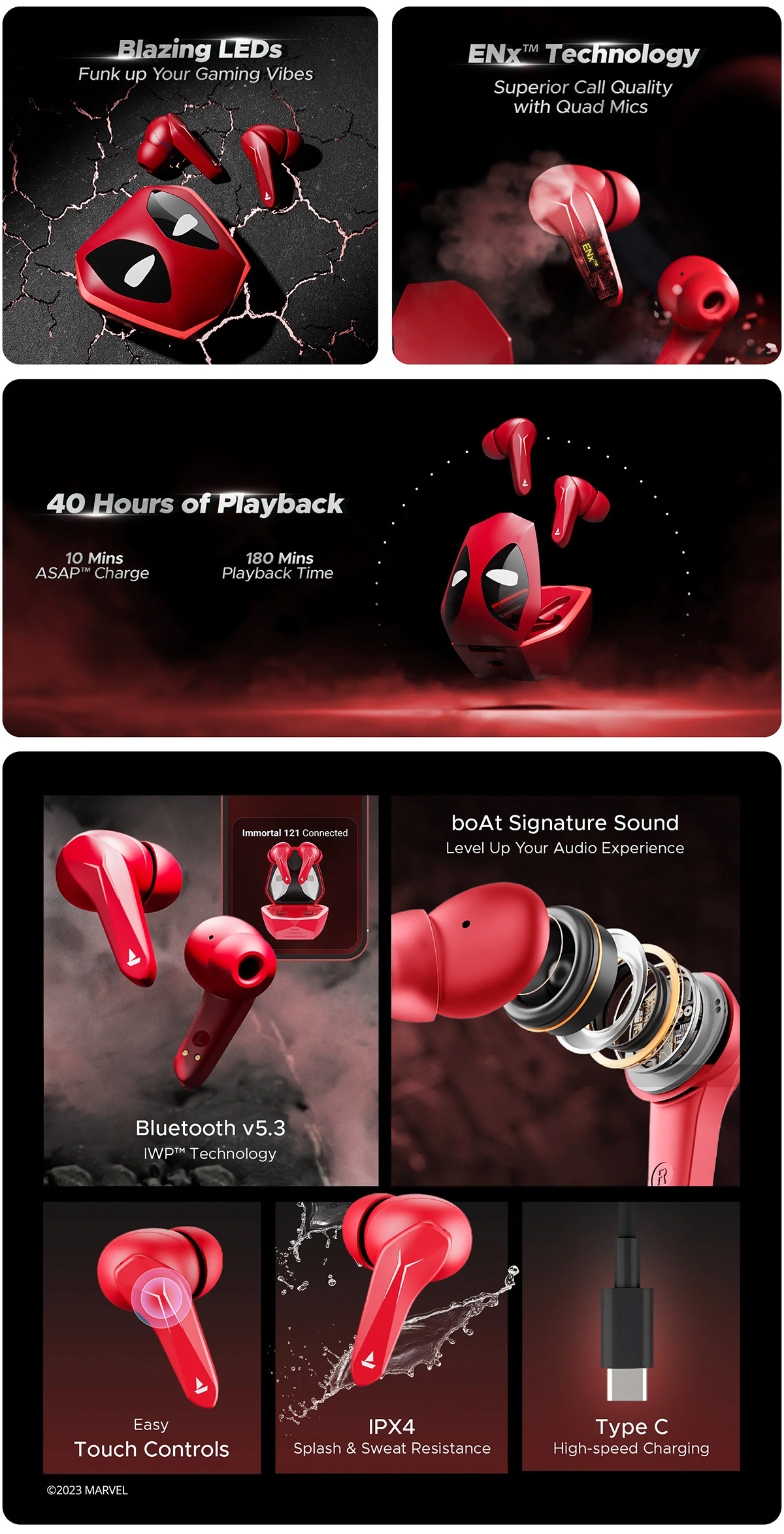 Fones BoAt Deadpool Immortal 121 Gaming Earbuds (Marvel)