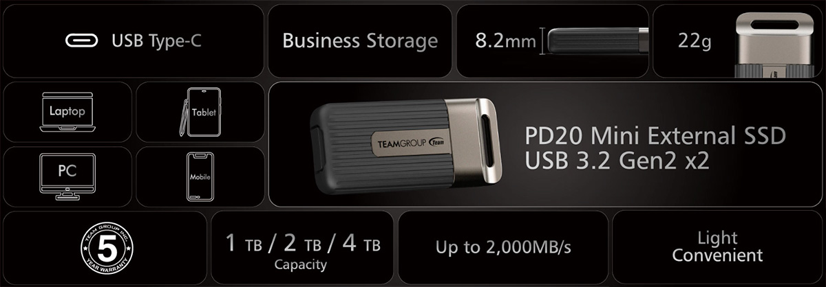 Flash Drive Teamgroup PD20 Mini External SSD com até 4TB