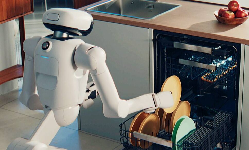 Robô LG CLOiD colocando a llouça na máquina 